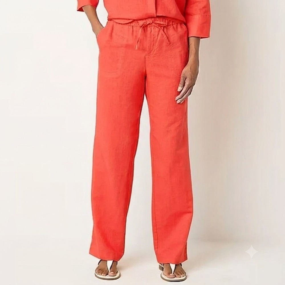 Liz‎ Claiborne S Coral Orange Linen Blend Wide Leg Drawstring Pants Coastal
